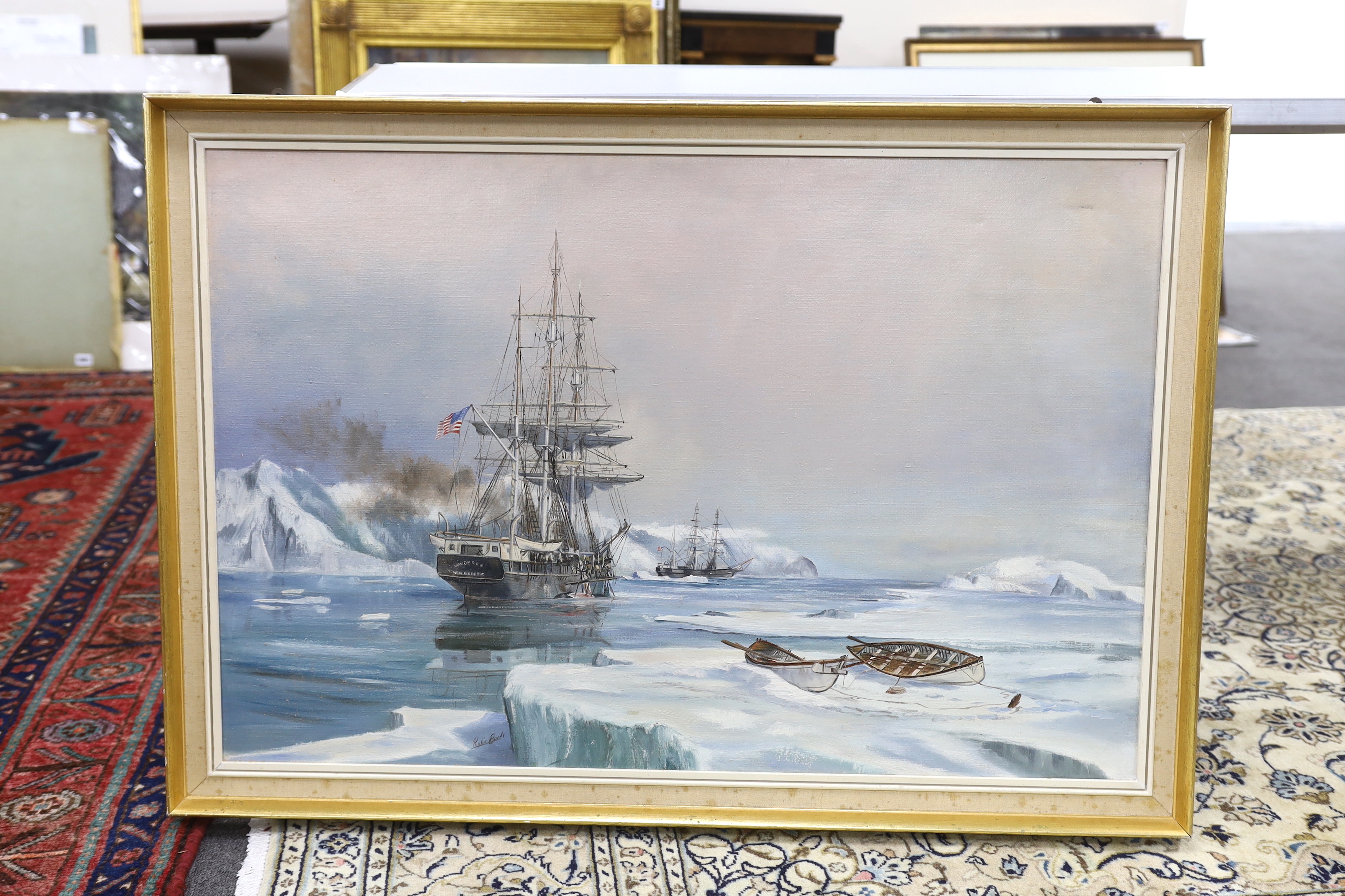 Robin Brooks (b.1943) oil on canvas, American sailing ships in icy waters, signed, 59 x 90cm